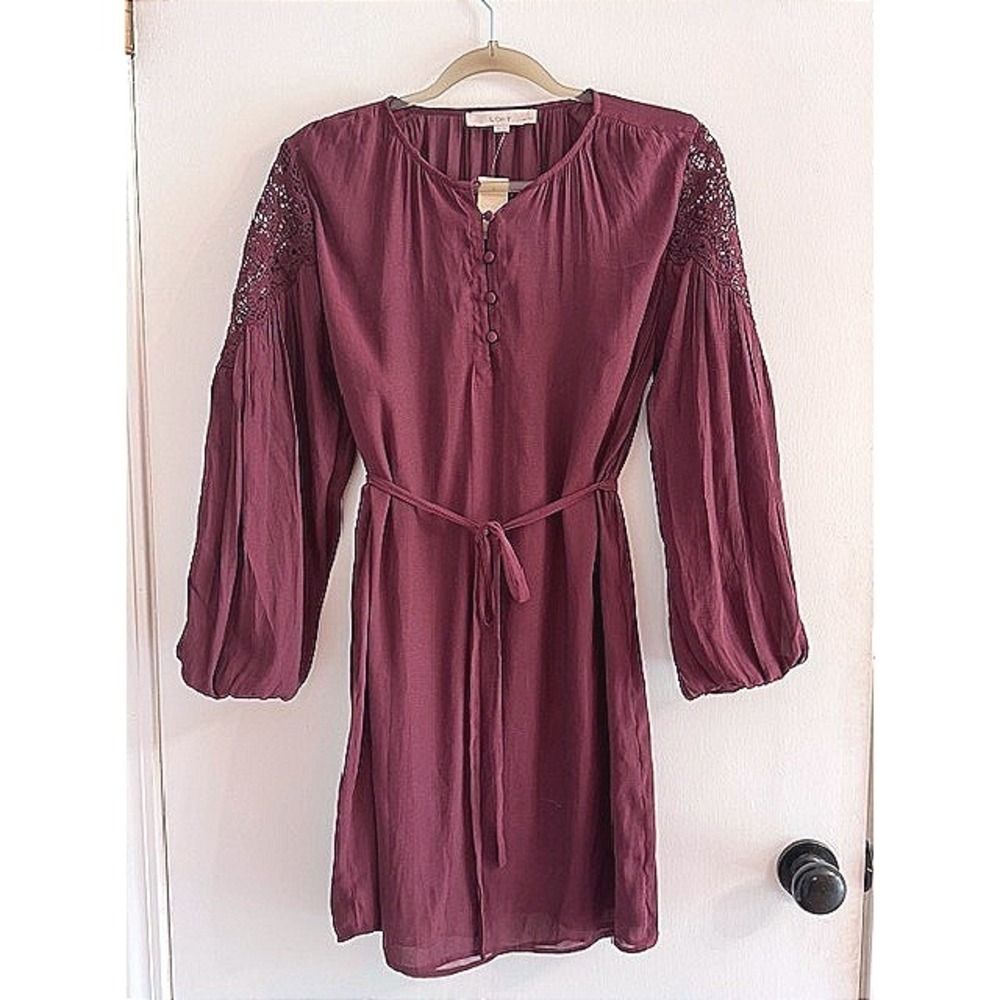 LOFT Petites Burgundy Lace Shoulder Balloon Sleeve Tie Waist Dress MP NWT